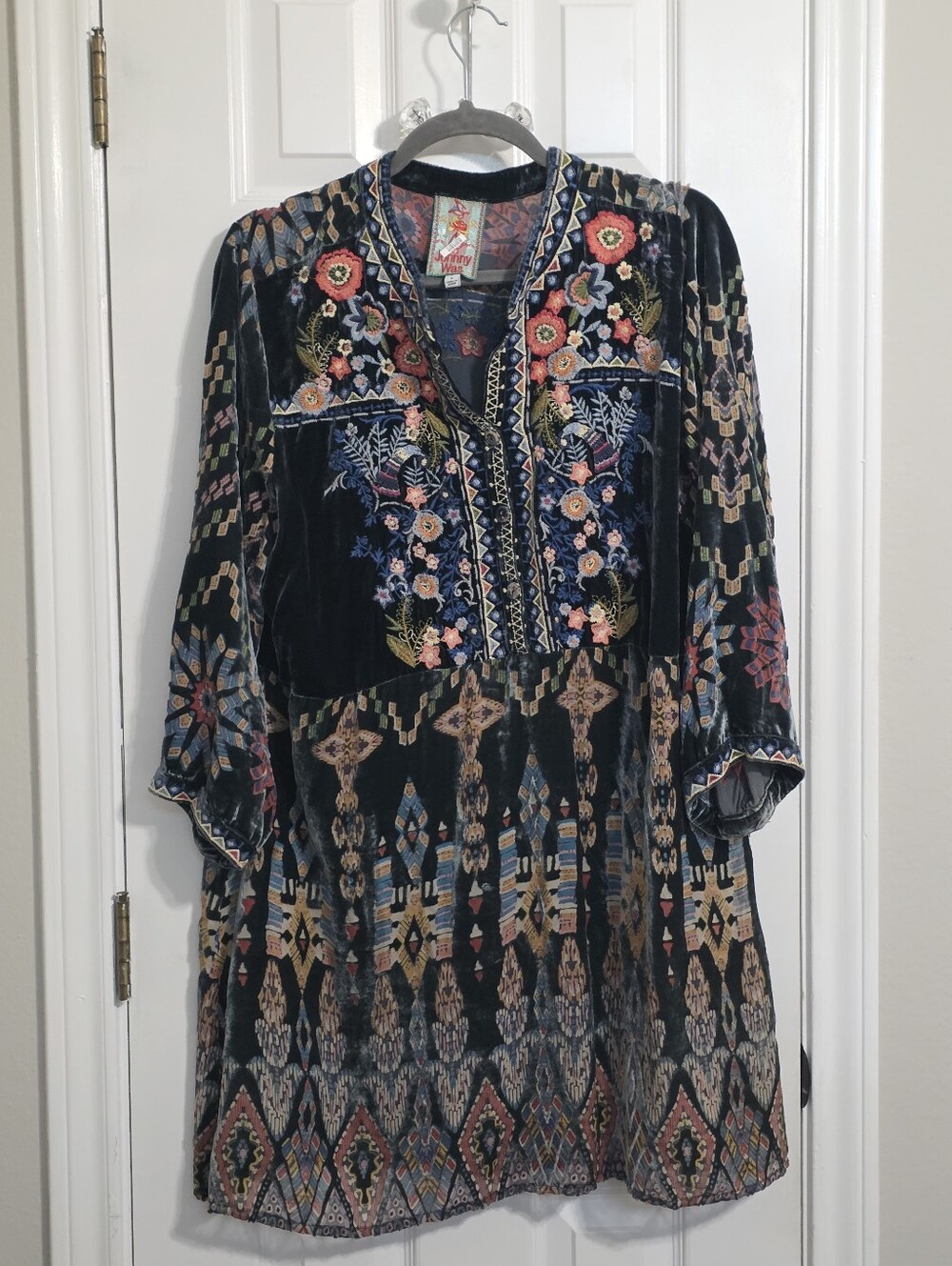 Johnny Was Laurelie Silk Velvet Burnout Embroidered Tunic Dress Size Large